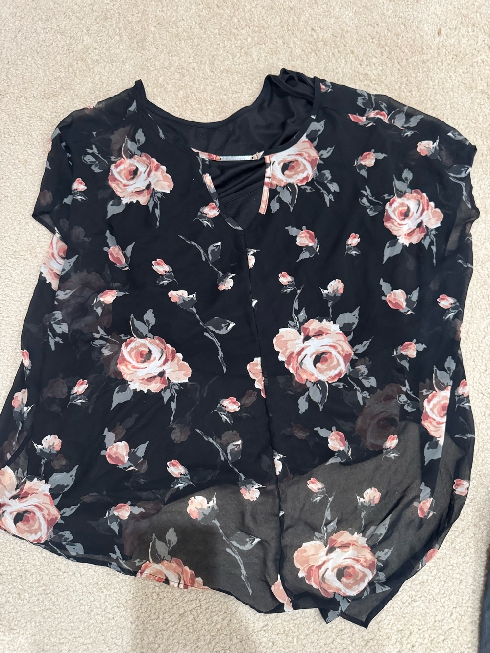 Lane Bryant Black Floral Short-Sleeve Blouse with Pink Roses